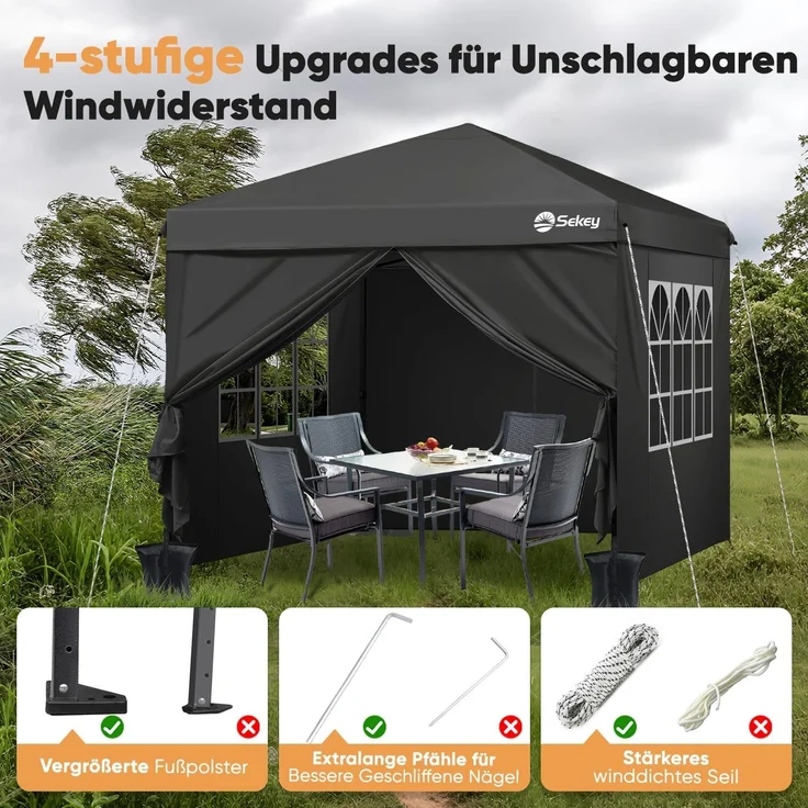 Pop Up Pavillon 3x3m mit 4 Seitenteilen, Wasserdicht Stabil Winterfest, Faltbar, Schwarz – Bild 5