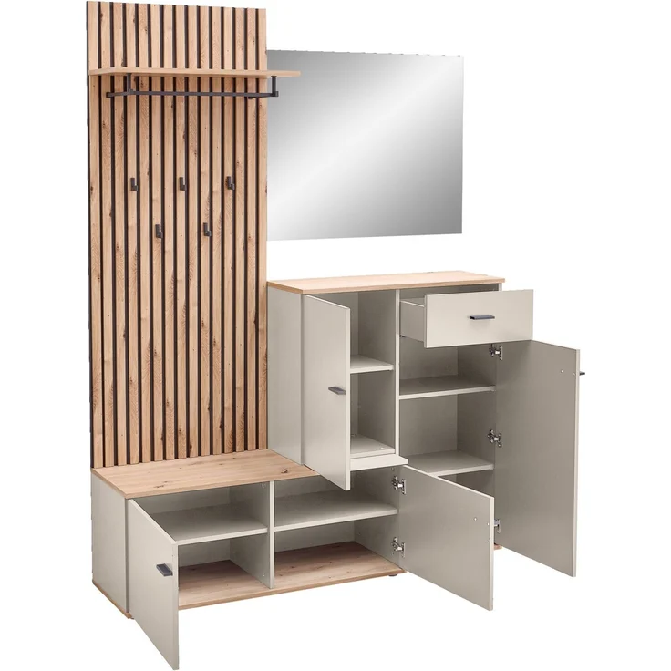 XORA 'FYNN' Garderoben-Set in Lamellen-Optik, Holznachbildung Kaschmir, 148 x 199 x 38 cm, mit Spiegel und Schublade – Bild 2