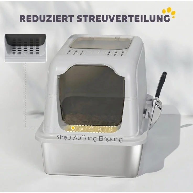 Katzentoilette aus Edelstahl mit Deckel & Doppel-Einstieg, 60,4x40,4x41,8 cm, Hellgrau – Bild 5