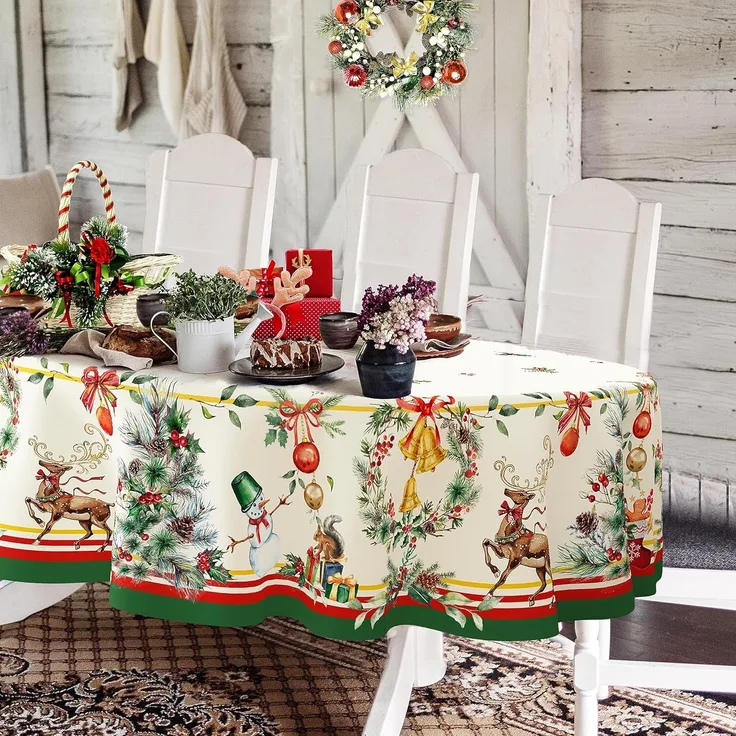 Yighty Ovale Weihnachtstischdecke, 137x183 cm, Weihnachtsbaum-Elch, Weihnachtsdekoration, Tischdecke, Polyester, wasserdicht und knitterfrei, langlebig, Weihnachtstischdecke für Küche, Winter und