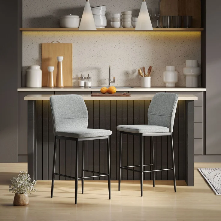 2er-Set moderne Barhocker aus Samt mit Fußstütze und Rückenlehne, 41 x 52 x 97 cm, Grau – Bild 4