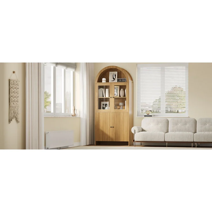 Sideboard mit Bogendecke , Vitrine mit Glastüren , Geschlossener Aufbewahrungsschrank mit Wellenmuster , Wohnzimmerschrank--Natürlich--78x40x176cm--YOUDENOVA – Bild 7