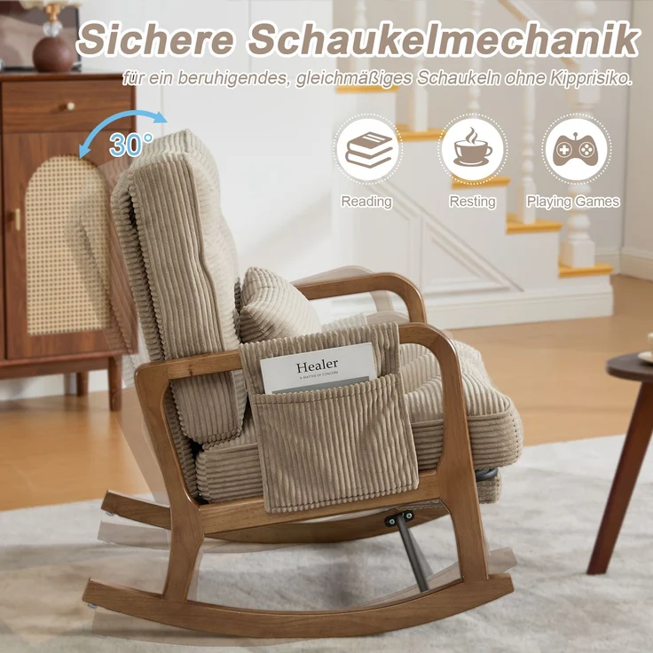 LVHOM Schaukelstuhl mit ausziehbarer Fußstütze, Relaxsessel mit verstellbare Rückenlehne, Loungesessel mit Seitentasche, bis 150 kg belastbar, Khaki – Bild 8