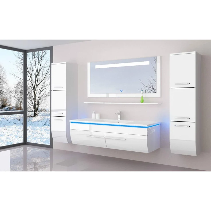 Homeline Badmöbel Set Weiss 240 cm Hochglanz Waschbecken Spiegel Komplett Bad Led System – Bild 2