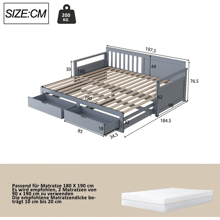 Novelux Multifunktionales Tagesbett 90x190 ausziehbar auf Doppelbett 180x190 mit Schubladen – Massivholz Kiefer Grau, Platzsparendes Gästebett & Kinderbett – Bild 2