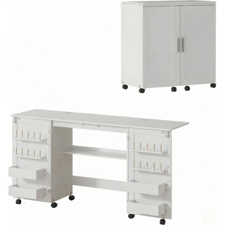 Klappbarer Nähtisch mit Rollen, Stauraum und Ablage, 160x40x81,5 cm, Weiß – Bild 5