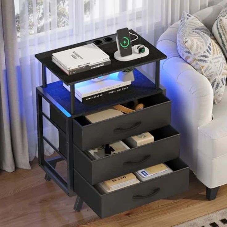 Feonase Nachttisch, Beistelltisch mit Ladestation & LED-Leuchten, Sofatisch mit 3 Stoffschubladen, Nachtschrank mit offenem Regal, Beistelltische für SchlafzimmerWohnzimmer, Schwarz – Bild 7