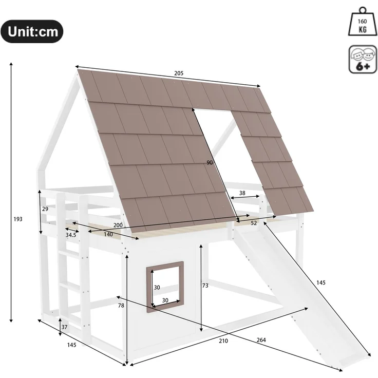 Holzhaus-Etagenbett 140x200 cm mit Dach, Leiter und Rutsche, Haus-Design, Weiß+Braun – Bild 5