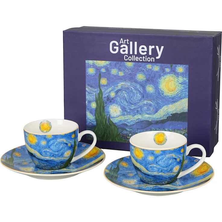 DUO ART GALLERY 2er-Set Espressotasse mit Untertasse STARRY NIGHT inspired by Van Gogh, New Bone China Porzellan – Bild 4