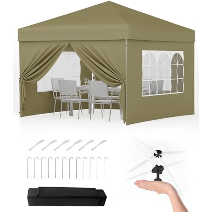 Faltpavillon 3x3 m wasserdicht stabil mit 4 Seitenwänden – Pop up Pavillon faltbar aus 420D Oxford, UV-Schutz 50+, 3-Fach höhenverstellbar, Partyzelt mit Tragetasche für Garten & Outdoor (Khaki) – Bild 2