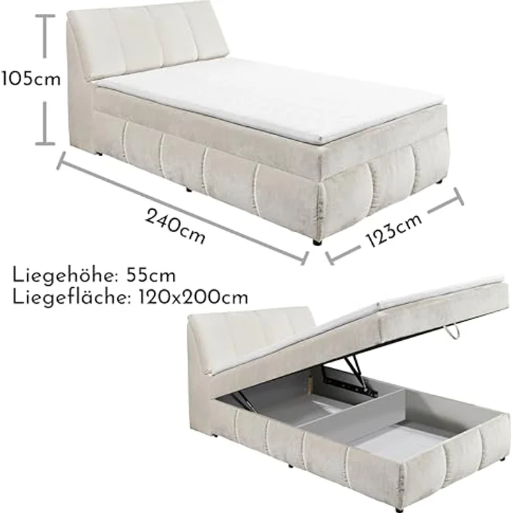 MID.YOU Boxbett Beige, Textil, 120x200 cm, mit Bettkasten und gepolstertem Kopfteil – Bild 3