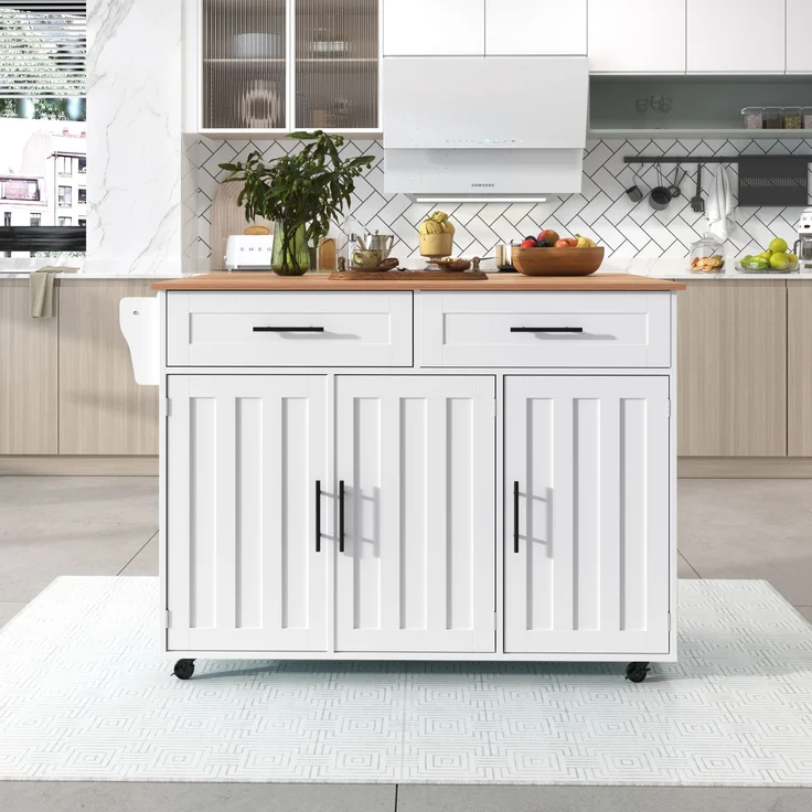 129x46(71)x91,5 cm großer Speisewagen/Sideboard, Arbeitsplatte mit Massivholzmaserung + Weiß Schrank/faltbare Arbeitsplatte/Aufbewahrungstür-Design/Räder/Massivholzfüße umschaltbar/für Zuhause geeig – Bild 10