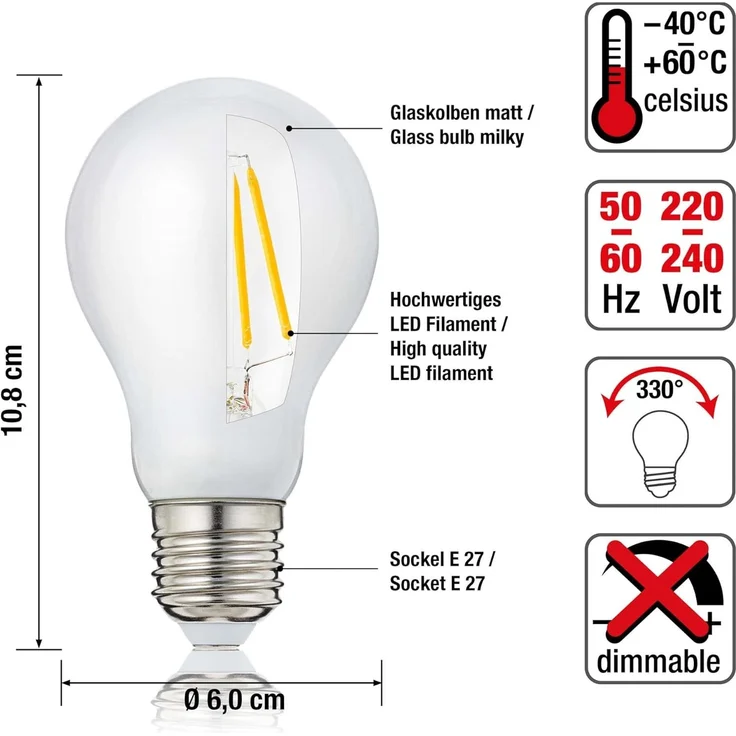 hellum LED Glühbirne E27, 7W warmweiß LED Lampe mit 806 Lumen LED Filament, E27 Vintage Led Leuchtmittel ersetzt 60-Watt Glühbirne, 2700 Kelvin E27 led warmweiss Matt, 206210 – Bild 2
