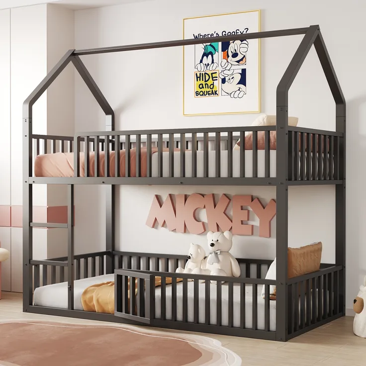 Kinder-Etagenbett, Metall-Doppelbett Familienbett mit Treppe Loft-Design Unteres Bett mit kleiner Tür zum Öffnen und Schließen, Metall, Schwarz, 90 x 200 cm