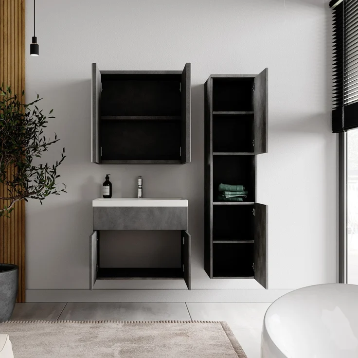 Badplaats Badmöbel Komplettset Montreal 60x35 cm Dunkel Grau - Badezimmermöbel mit Waschbecken, Spiegelschrank und Badezimmerschrank – Bild 3