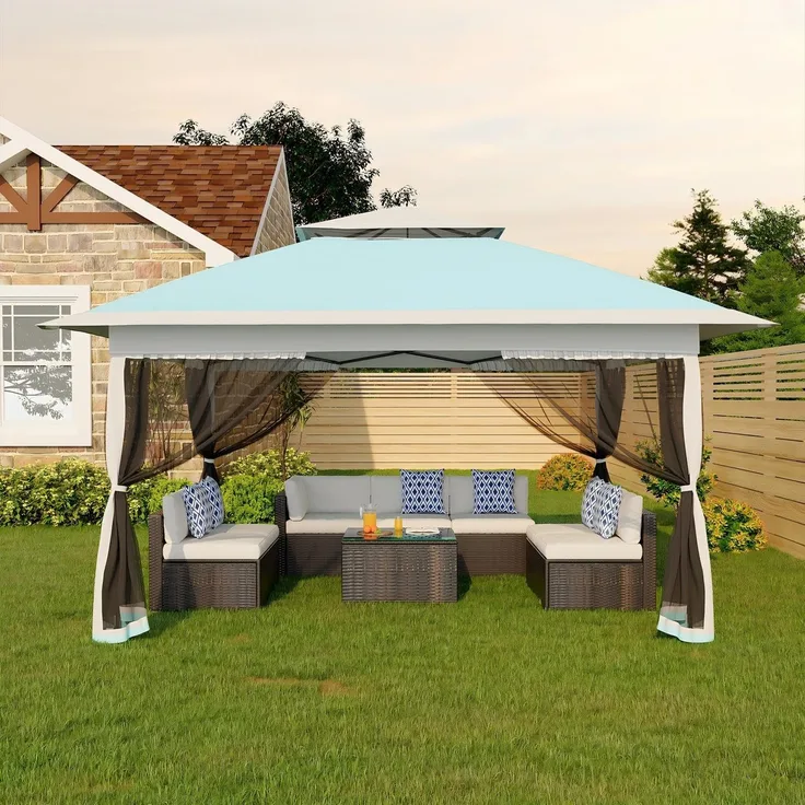 Faltpavillon Moskitonetz 3x3 m mit 4 Moskitonetz Seitenteilen – Pop Up Pavillon wasserdicht & stabil, UV-Schutz 50+, höhenverstellbar, Doppeldach Pavillion für Patio & Familie Pastellblau + Grau
