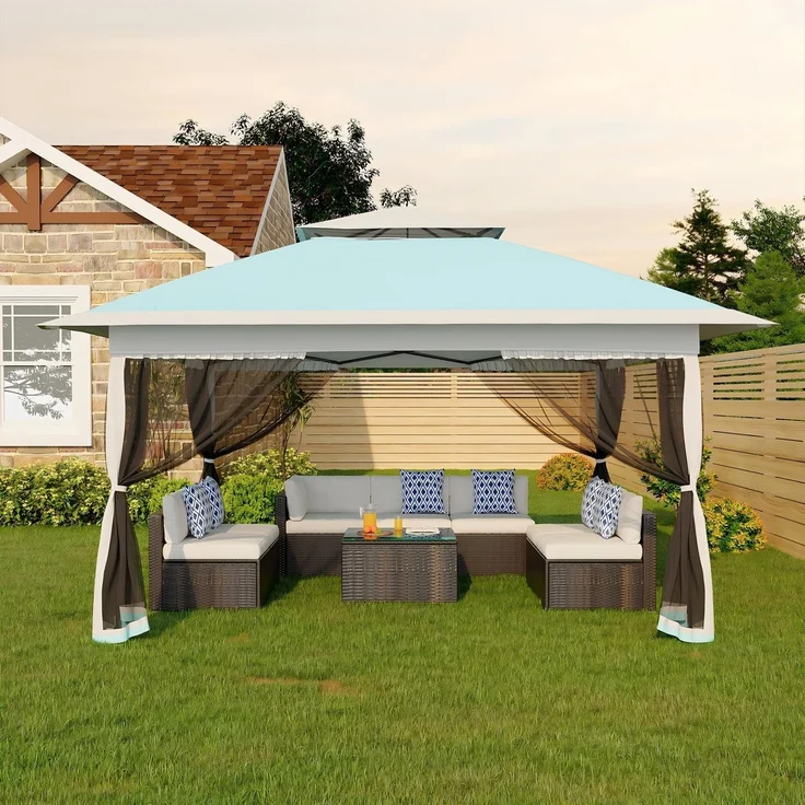 Faltpavillon Moskitonetz 3x3 m mit 4 Moskitonetz Seitenteilen – Pop Up Pavillon wasserdicht & stabil, UV-Schutz 50+, höhenverstellbar, Doppeldach Pavillion für Patio & Familie Pastellblau + Grau