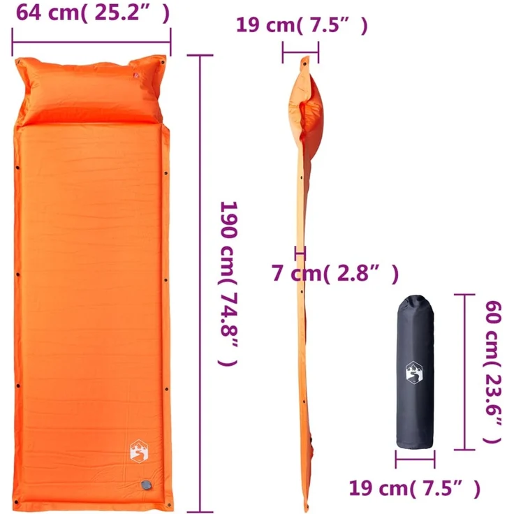vidaXL Selbstaufblasende Isomatte mit Kissen Orange 4007134 – Bild 6