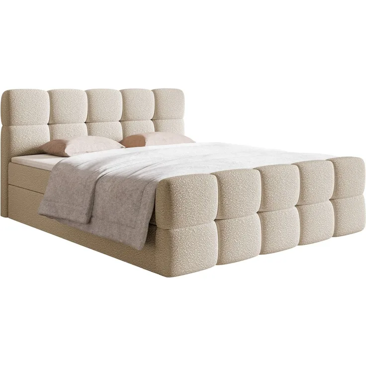 Selsey 'Cloudy' Boxbett mit Bettkästen, Matratze, Topper, Bouclé-Bezug, hellbeige, 180x200 cm