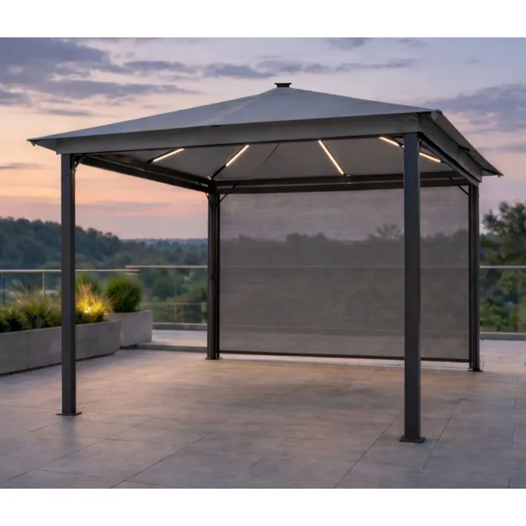 Leco Solar-Pavillon "Zoe" mit LED-Beleuchtung und Gittergewebe-Rollos, lichtgrau, 300 x 300 x 261 cm (L x B x H)