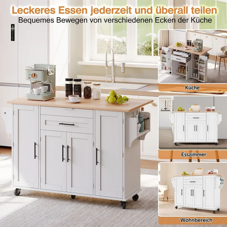 120×45cm,mobile Kücheninsel,Küchenwagen,ausziehbare Arbeitsplatte bis 70cm,verdeckte Besteckschublade,verstellbare Einlegeböden,Gewürzregal und Handtuchhalter,geeignet für Küche,Esszimmer oder Wohnzim – Bild 4