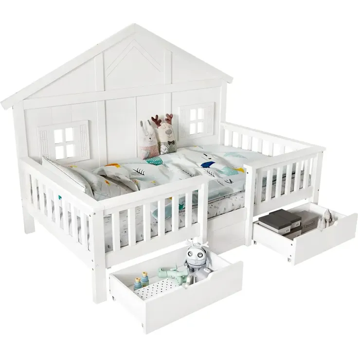 Kinderbett mit Schubladen, Lattenrost und Zaun, 90x200cm, Rausfallschutz, Stauraumbett, Jugendbett, Holzbett, Hausbett, Kiefer – Bild 7