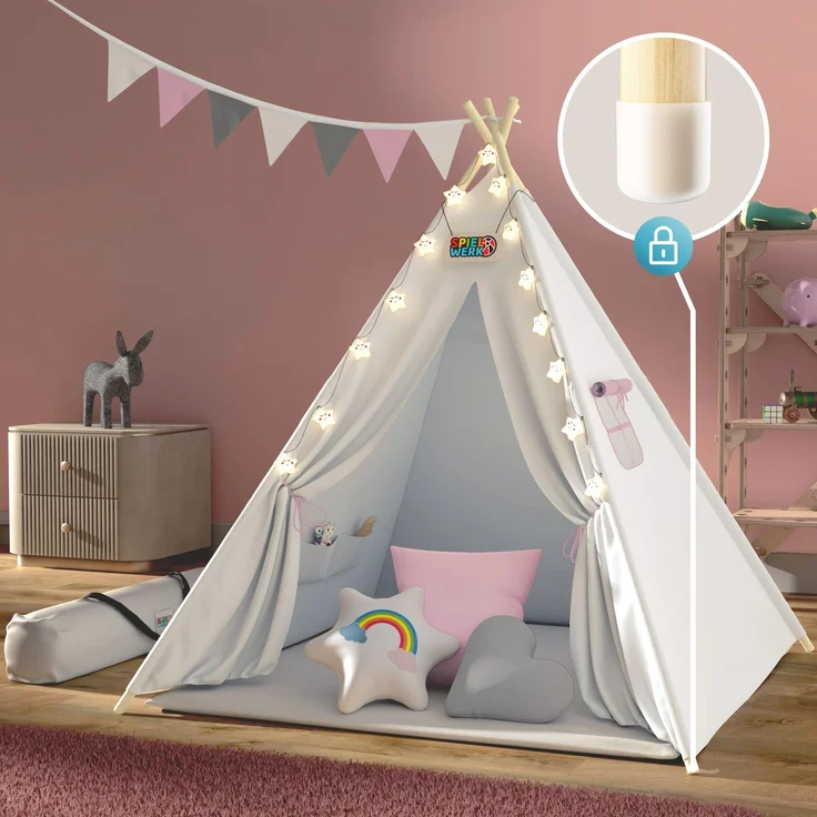 Spielwerk Kindertipi mit Lichterkette, Bodenmatte & Kissen, Baumwolle beige, 120 x 120 x 160 cm – Bild 3