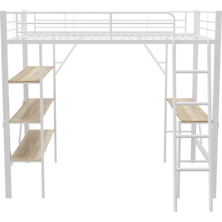 Weißes Metall-Hochbett 90x200cm mit Schreibtisch & 3 Ablagefächern, stabiler Stahlrahmen inkl. Lattenrost ohne Matratze – Bild 7