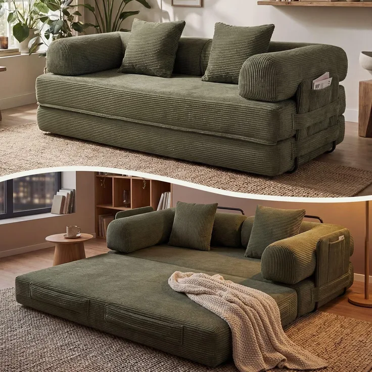 Aoxun Kordstoff Schlafsofa 200×97×70cm, 5-in-1 Umwandelbares Bodensofa, Hochdichter Schaumstoff, Haustierfreundlich, Keine Montage, Grün