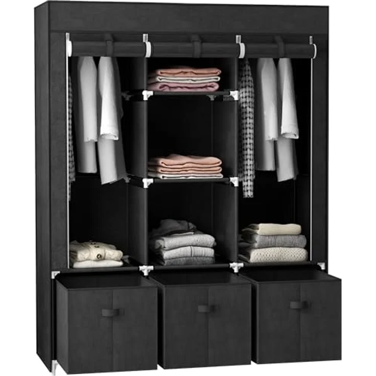 HOMCOM Stoffschrank Kleiderschrank mit Kleiderstangen und Schubladen (Faltbare Garderobe, 1-St, Faltschrank) Schwarz, 125 x 43 x 162,5 cm – Bild 2