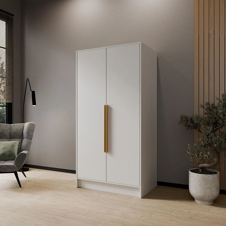 MEBLINI Kleiderschrank PORTINA 100cm - Weiß Matt - mit goldfarbenen Griffen - Drehtürenschrank ohne Spiegel - Kleiderstangen und Regalböden – Bild 2
