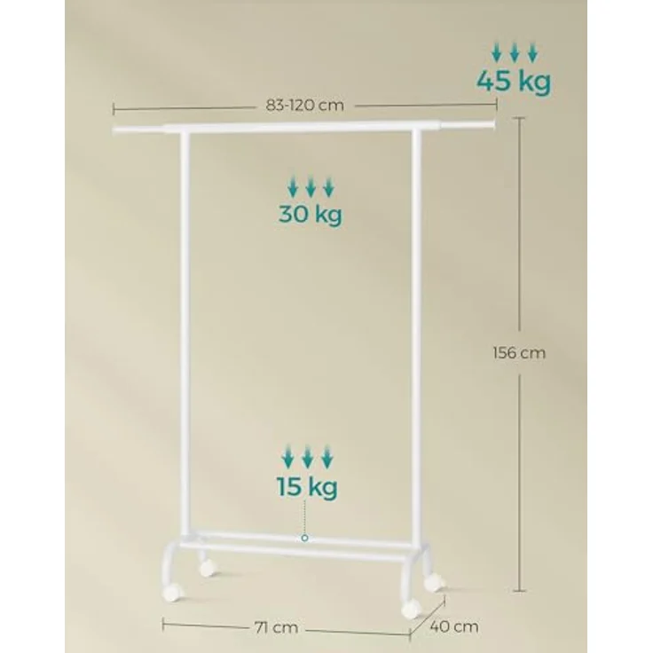 SONGMICS Kleiderständer auf Rollen, ausziehbare Kleiderstange, Garderobenständer aus Stahlrohren, erhöhte Ablagestange, 40 x (83-120) x 156 cm, wolkenweiß HSR134W01 – Bild 7