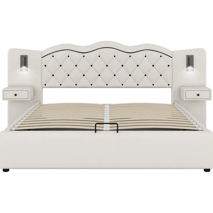 Polsterbett 180x200 cm, Doppelbett mit hydraulischem Hebemechanismus und Stauraum, integriertes Kopfteil mit Beleuchtung,Beige – Bild 10