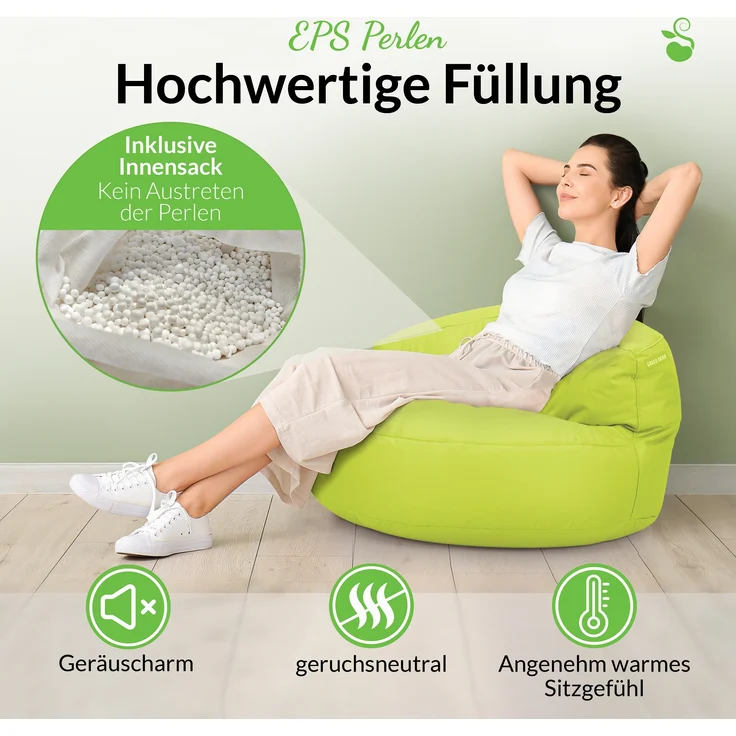 Green Bean® Sitzsack Sofa mit Füllmaterial - Lounge im Sitzsack-Design 90x50cm mit ergonomischer Rückenlehne & waschbarem Bezug - Indoor und Outdoor geeignet in Hellgrün – Bild 4