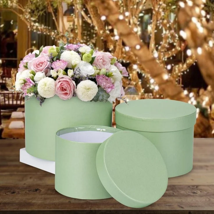 3er Set Runde Blumen-Geschenkboxen mit Deckel in Hellgrün Ø15/17/20cm – Bild 4