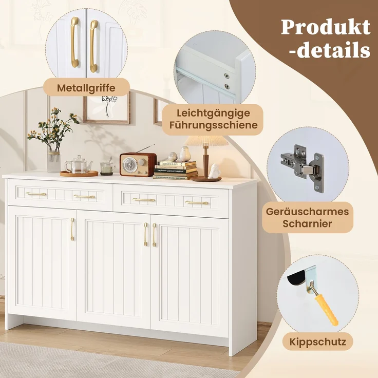 Flieks Sideboard 140 x 40 x 90 cm mit 2 Schubladen, 3 Türen, verstellbaren Einlegeböden und goldenen Griffen, Weiß – Bild 6