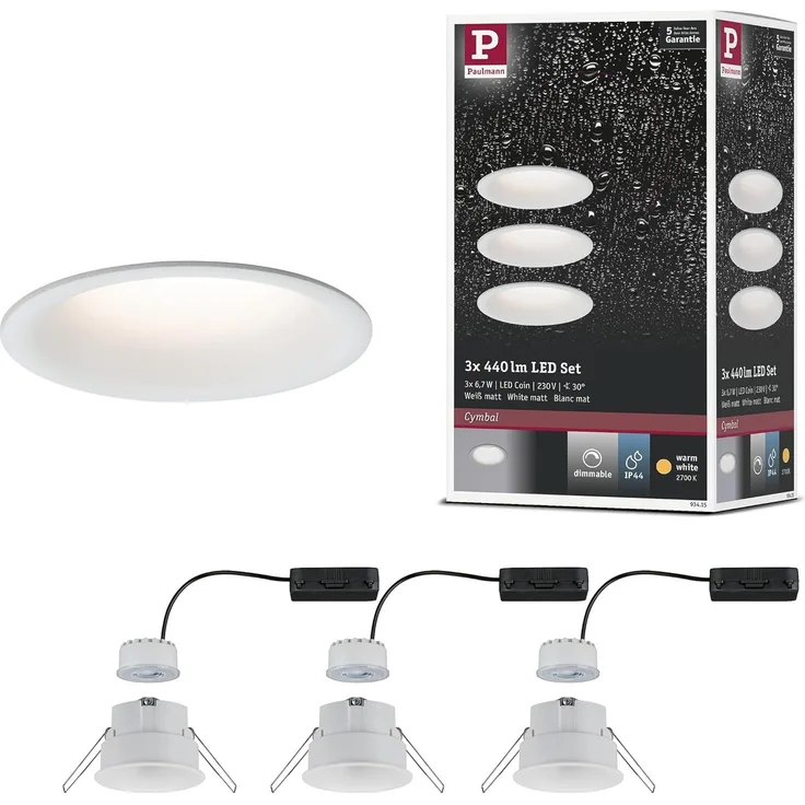 Paulmann No. 93415 Einbauleuchte LED Cymbal 3-Set Weiß matt blendfrei dimmbar