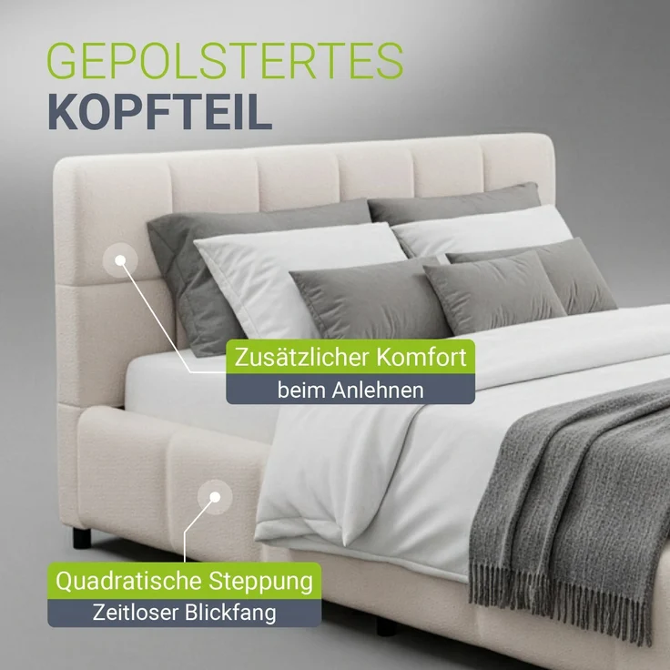 Juskys Polsterbett Florenz 140 x 200 cm – Bouclé, modernes Bett mit Kopf- & Fußteil, stabilem Holz- & Metallrahmen, Lattenrost, 500 kg Tragkraft – Creme – Bild 5