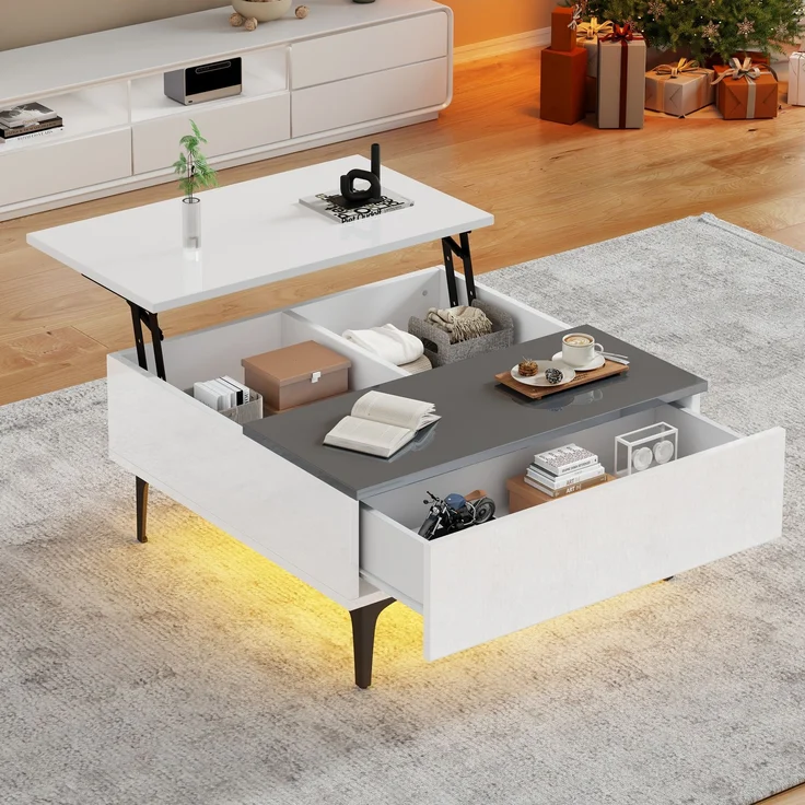 EINHOM 70 x 70 x 35 cm Couchtisch, Höhenverstellbarer Kaffeetisch mit Verstecktem Stauraum und Ablagen, Weißer Hochglanz-Wohnzimmertisch, Schreibtisch mit LED, Sofatisch mit Schubladen – Bild 1
