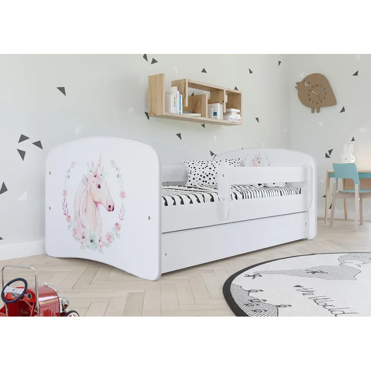 Bjird Kinderbett Jugendbett 80x180 cm cm Weiß mit Matratze Rausfallschutz Schublade und Lattenrost Kinderbetten für Mädchen und Junge - Einhorn