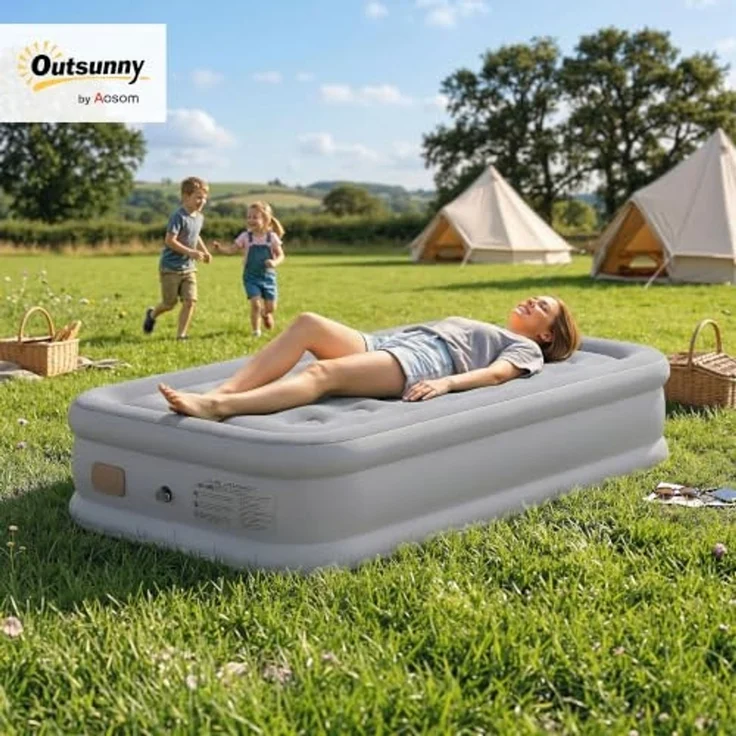 Outsunny Luftmatratze 1 Person mit integrierter elektrischer Pumpe, Tasche, wasserdicht, (Selbstaufblasend Luftbett, 5-St, Gästebett), für Camping Zuhause 190x97x39cm – Bild 2