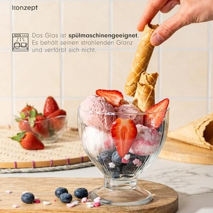 KONZEPT Eisschale Eisbecher Glas Set, Glasschale mit Fuß 405 ml, Glas Geriffelt für Eis, (4-tlg), Perfekt für Schichtdessert, Candy Bar Zubehör – Bild 6
