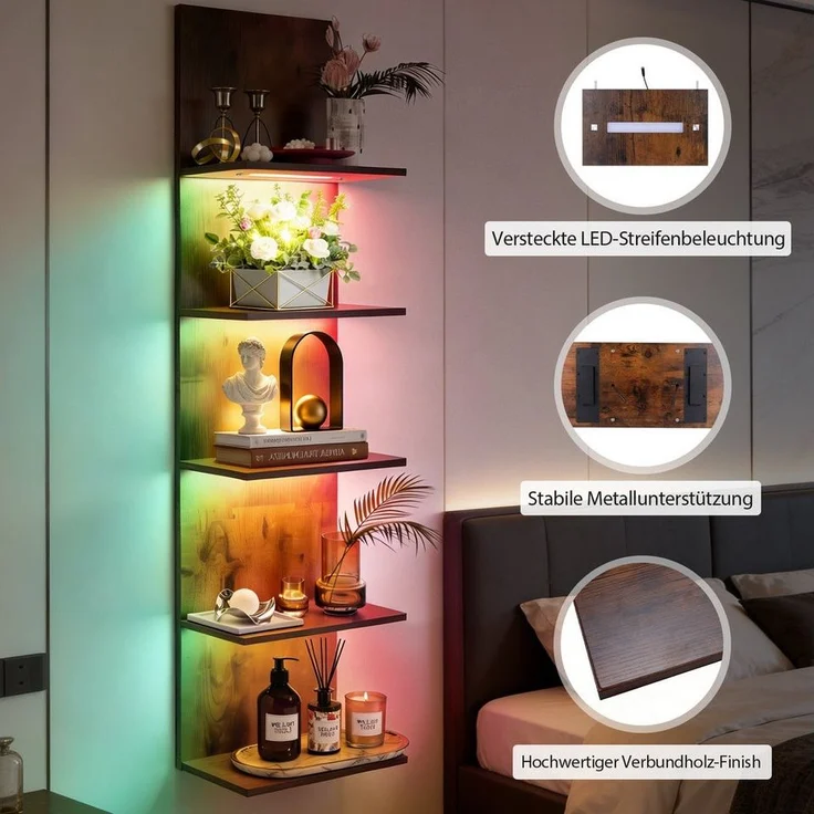 XERSEK Wandregal Bücherregal mit RGB+IC Lauflicht, Hängeregal Wandboard 30×18×117cm, App & Fernbedienung, Einzeln Ansteuerbare LEDs, Unsichtbare Montage, Wandboard Aufbewahrung & Zeigen von Kopfhörer Modelle Duft Dekoartikel – Bild 2