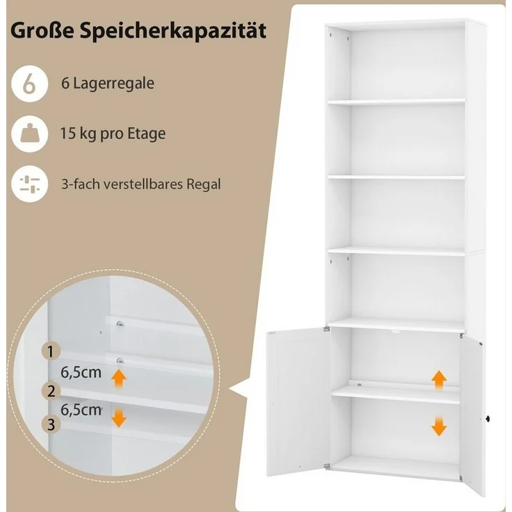 COSTWAY Bücherregal, 180cm Bücherschrank mit Türen & 4 offenen Fächern – Bild 3