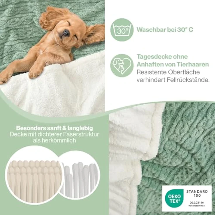 Blumtal Kuscheldecke, Grün, Flauschige Sherpa-Innenseite, Rechteckig 150x200 cm, Oeko-Tex® Standard 100 – Bild 2