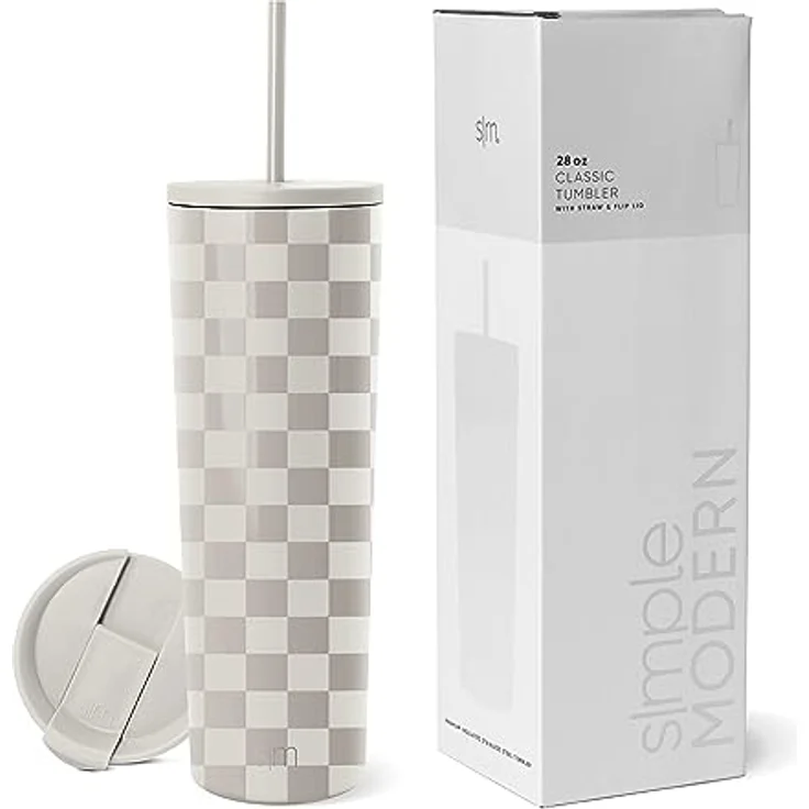 Simple Modern Thermobecher mit Strohhalm und Deckel | Trinkbecher mit Henkel Wiederverwendbare Edelstahl | Geschenke für Frauen und Männer | Classic | 830ml | Checkmate – Bild 2
