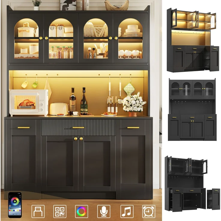 Hochküchenschrank 120cm mit RGB-LED, App-Steuerung, 3 Glasvitrinen, Schubkästen & beidseitigen Roll-Ablagen, Weiß/Schwarz – Bild 3