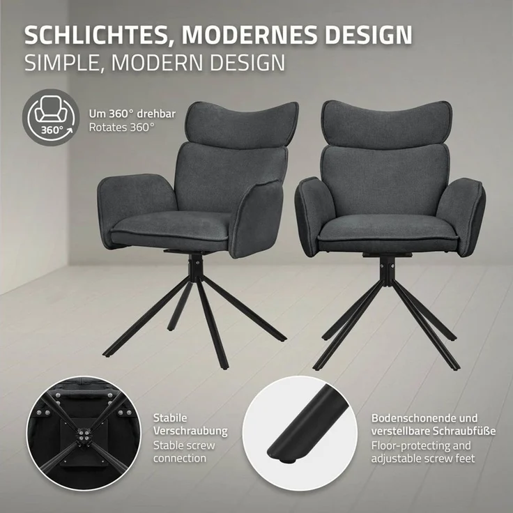 ML-DESIGN Polsterstuhl Drehstuhl mit Armlehne & Rückenlehne Ergonomische mit Metallbeine (2 St), Armlehnstuhl 2er Set Anthrazit aus Polyester 360° Drehbar Sessel – Bild 3