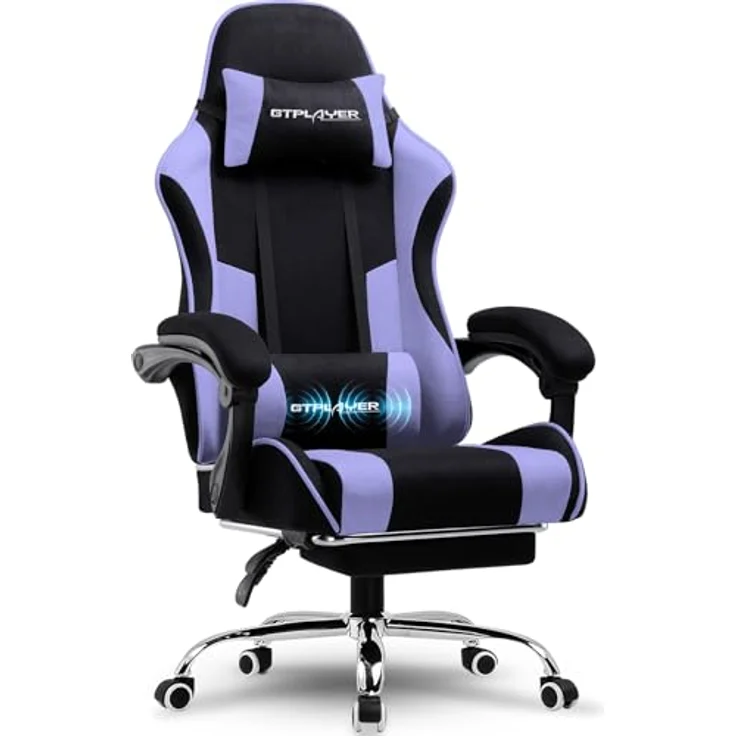 GTPLAYER Gaming Stuhl, Bürostuhl, Ergonomischer Pc Stuhl, Gaming Sessel mit Massagelendenwirbelstütze, Task Stühle mit Fußstütze und Kopfstütze, Lila Stoff – Bild 2