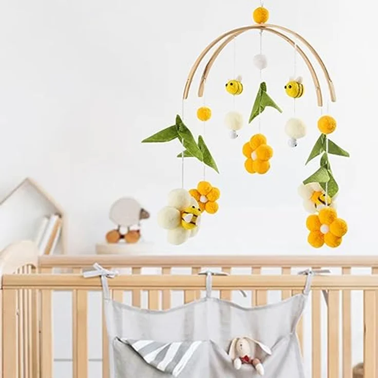 Herfair Mobile Baby Windspiele mit Filzbällen - Frische Blumen und Bienen, Kinderzimmer Hängende Bettglocke, für Babybett Wickeltisch Deko (Gelb) – Bild 2